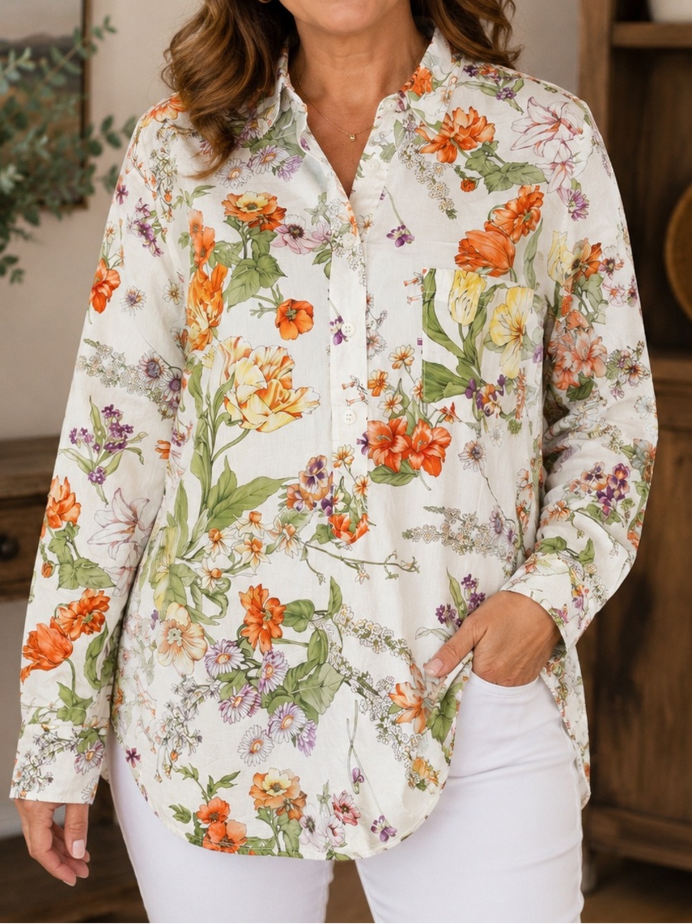 J.Crew classic-fit cotton poplin popover top vibrant Ratti tropical size 8